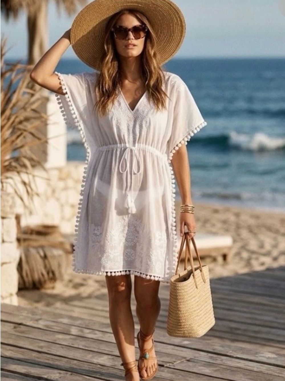 Tory Burch White Embroidered Pom-Pom Boho Caftan Dress